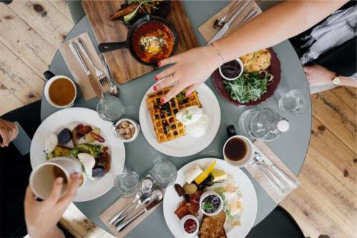 breakfast food waffles eggs bread