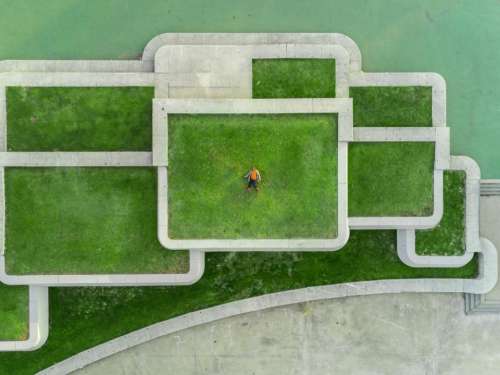 green grass field architecture people