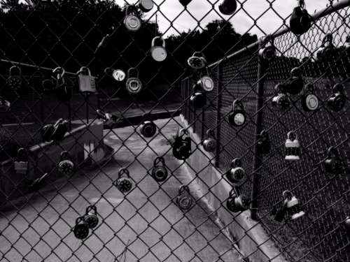 fence locks school black and white chainlink