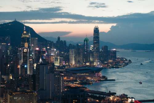 hong kong city aerial night lights