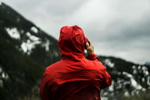 people man red raincoat outdoor