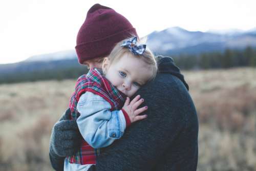family child cuddle hug hike