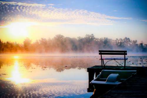 misty lake morning bench boat