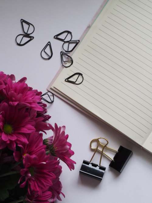 notepad paperclip flowers pink white