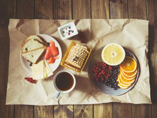 breakfast snack fruits bread coffee