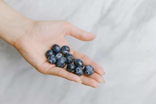 Close up of woman hands holding blueberries at home