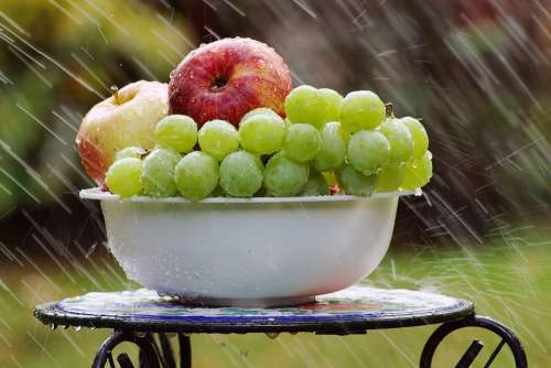 Bowl Of Fruit In Rain Grapes Apples Bowl Rain