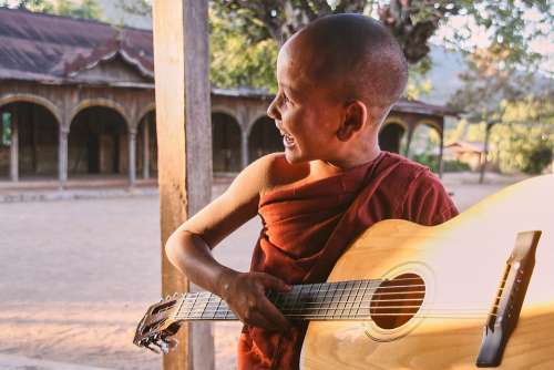 Boy Monk Myanmar Guitar Laugh Joy Funny Music