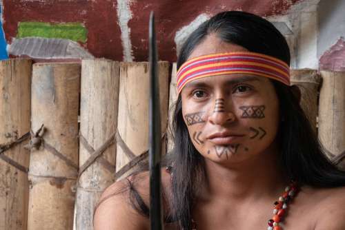 Ecuador Shuar Man Warrior Bemahlung Face View