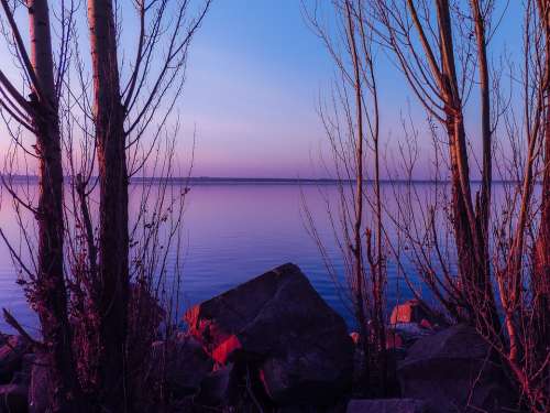 Evening Sunset Twilight Landscape Coast Lake