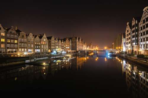 Gdansk River Canal Poland City At Night