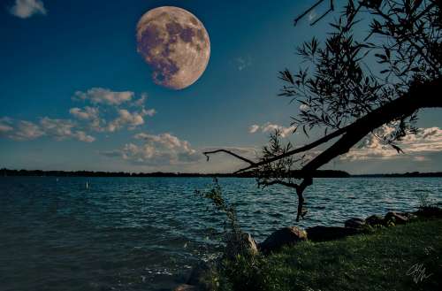 Lake Moon Sky Night Surreal Fantasy Photoshop