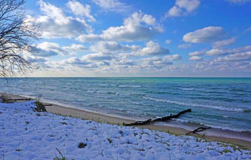 Lake Michigan Beach Winter Clouds Shore Waves