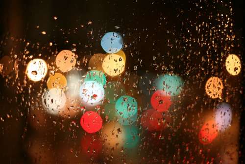 Lights Rain Window Night Wet Drops City