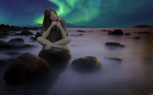 Mounting Aurora Borealis Woman Rock Landscape