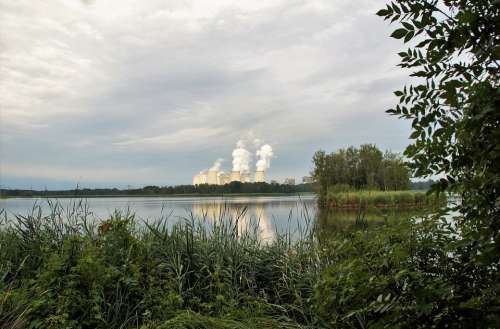 Power Station Chimneys Smoke Industry Lake Ecology