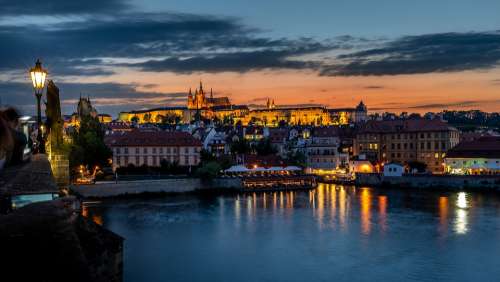 Prague Sunset Panorama River Travel Night Gothic