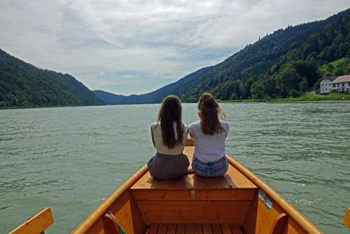 River Danube Boat Wooden Boat Girls Landscape