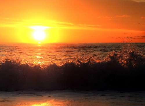 Sunrise Ocean Waves Water Sky Red Sun