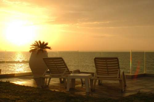 Sunset Sea Calm Deck Chair Water Ocean Sky