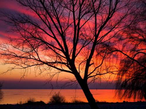 Sunset Romantic Sky Red Orange Landscape Lake