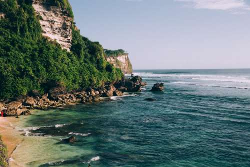 Turquoise Blue Ocean Waters Along Jungle Covered Cliffside Photo