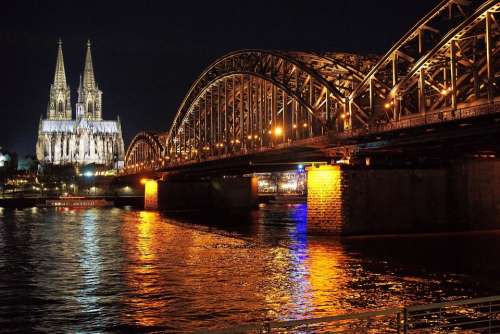 Cologne Bridge River Night Germany Rhine