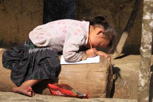 Hmong Little Girl Writing Doing Homework Wood