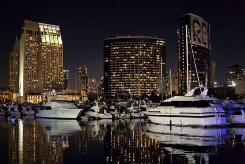 San Diego Skyline Night Evening Glow Harbor Marina