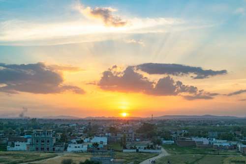 Summer Sunset Rays Sky Dawn Clouds Dusk Twilight