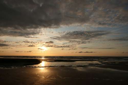 Sunset Beach Sea Water Coast Sunrise Clouds Sand
