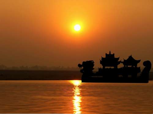 Sunset Boat Chinese Sea Asia Travel Ocean Water