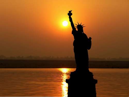 Sunset America New York Statue Liberty Sky