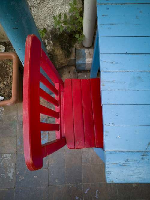 Table Chair Blue Red Top Wood Wood-Fibre Boards
