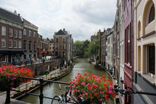 Utrecht City Netherlands Canal Flowers Bike