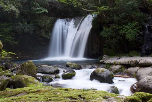 Waterfall Japan Nature Long Exposure Moss Stones