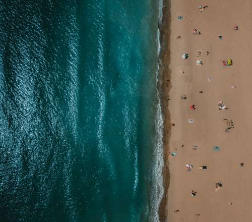 Aerial View Of Sandy Beach Scattered With Sunbathers Photo