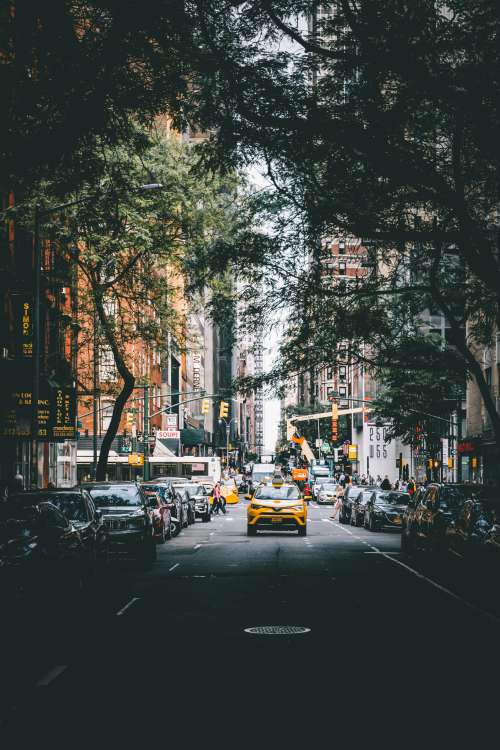 Yellow Cab Drives Through City Photo