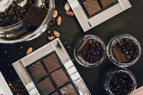 Dark roasted coffee beans and dark chocolate