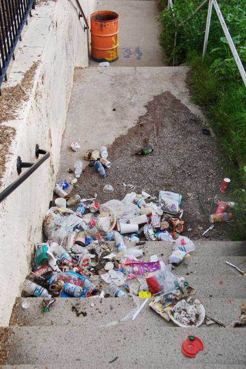 Garbage scattered along stairway