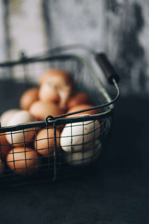 Metal wire basket with eggs