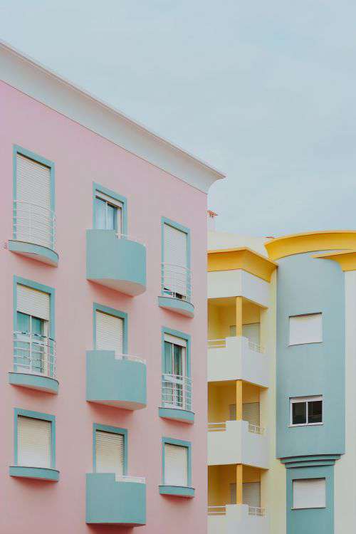 Pastel pink & light blue building, Lagos, Portugal