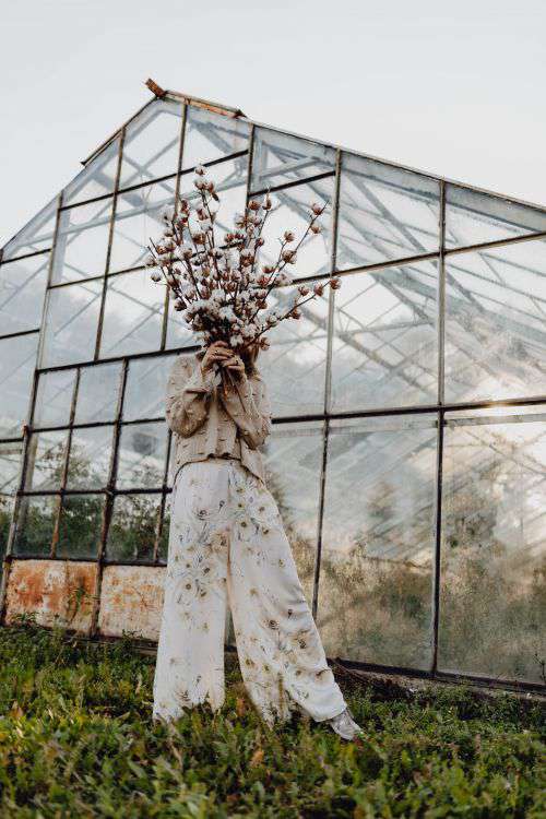 A beautiful tall woman holds cotton branches