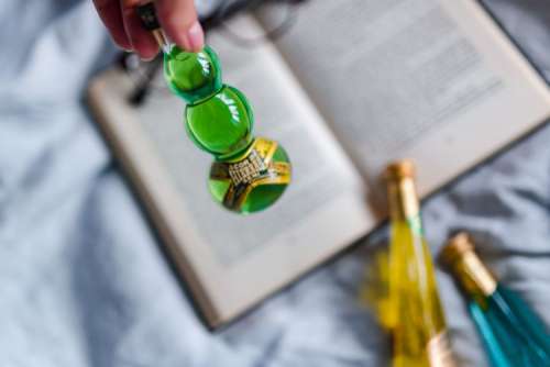 Group of colorful little bottles with liqueurs