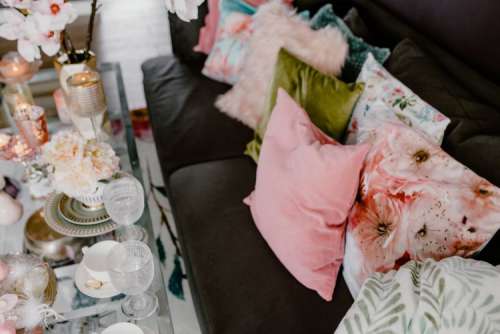 Porcelain and glass dishware on the glass table