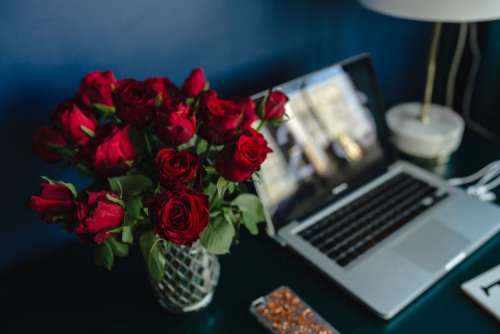 Office Desk Table With Red Roses