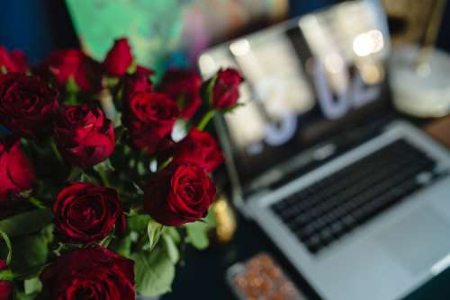 Office Desk Table With Red Roses