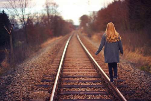 Girl Walking Railway Track Free Photo