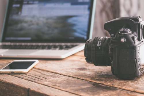 Rustic Wood Desk Camera Free Photo