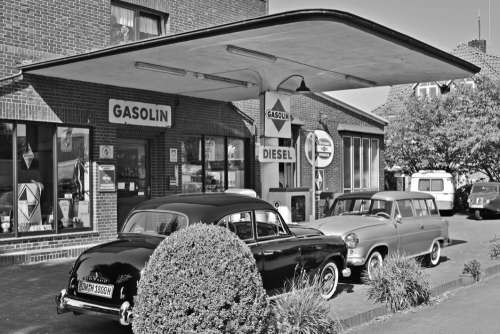 Vintage Gas Station Black White Free Photo